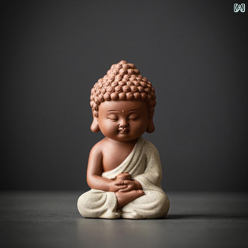 インテリア オブジェ おしゃれ 洗練 紫 砂 仏 禅 装飾品 中の 3つの 聖なる 仏像 観音 地蔵 菩薩 茶 卓の 装飾