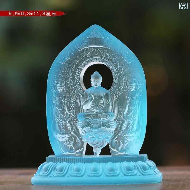 インテリア オブジェ おしゃれ ガラス製 東洋 三聖人 一体 仏像 装飾 仏教 寺院 礼拝 薬師如来 太陽 月光 菩薩像