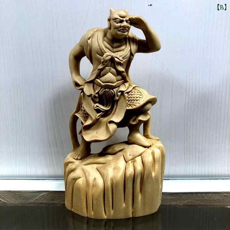 インテリア オブジェ おしゃれ 木彫り 千里眼と 風 耳 媽 祖 左右 守護 神像 水 宮 仙人級 神 将 ヒノキ 木 仏像 装飾品
