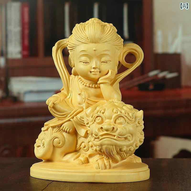 インテリア オブジェ おしゃれ ツゲの 木彫り 文殊菩薩 普賢 菩薩 木製 彫刻 出生 仏 手 彫り家の 装飾 卓上 装飾品