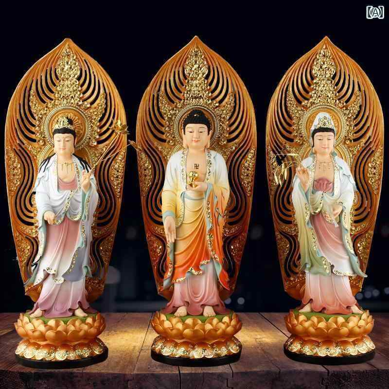 インテリア オブジェ おしゃれ 西洋 三 聖 樹脂 仏像 彩 色 阿弥陀 観音 菩薩 大乗 立像 家庭用 家具 リビング ルーム