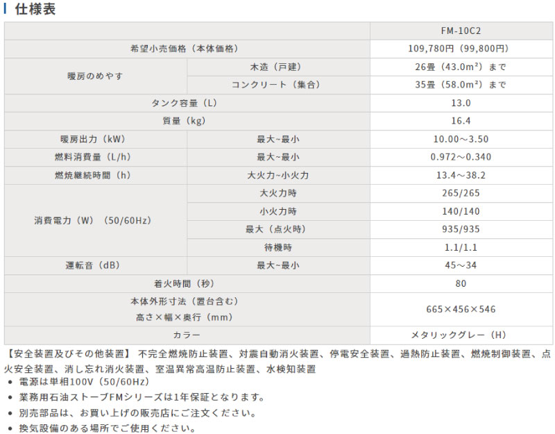 FM-10C2-H] FMシリーズ ダイニチ 木造26畳まで 暖房出力（kW）最大