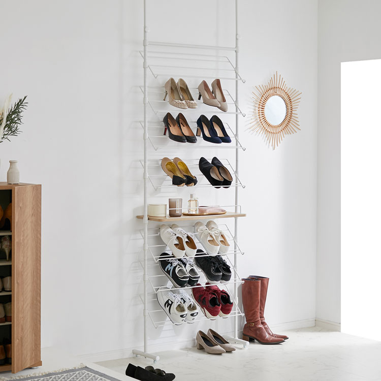 スリム おしゃれ 薄型 突っ張り棚 一人暮らし 突っ張り棒 伸縮 省スペース つっぱり 突っ張り シューズ 収納 ラック シューズラック 大容量 靴 靴収納 薄型 斜め 玄関 スニーカー ディスプレイ 棚 クーポンで5 Off 6 22 00 6 23 23 59 シューズラック スリム