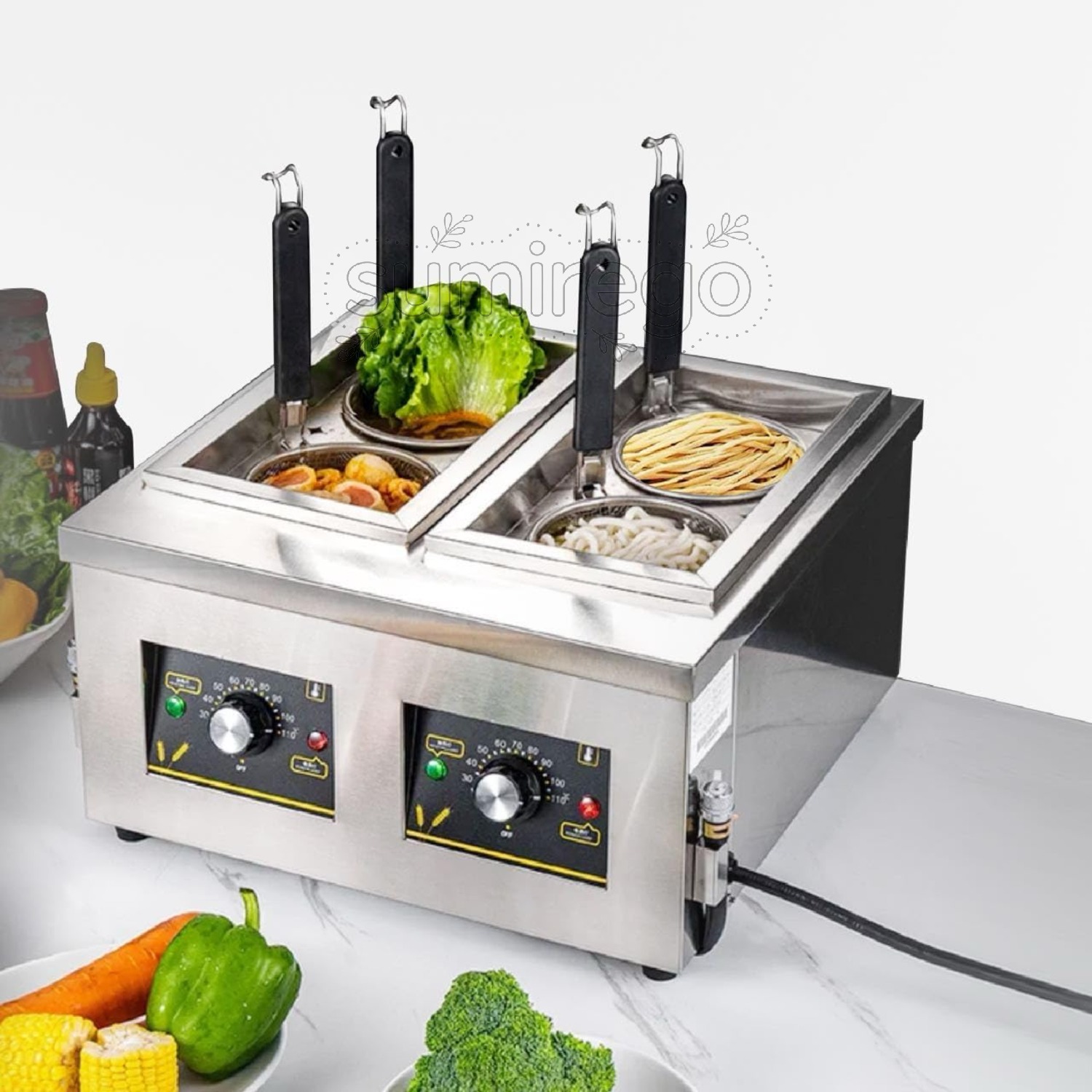 明かり式ゆで麺器 お役目用 麺茹で器 ステンレス鋼製 大電気容量 保温役立つことあり ラーメン釜 ゆで麺機 卓上印字機 30℃~110℃合わせる能力のある 1700Ｗ 機敏さ熱する 省エネ テボ2個付き添い人 お役目用 身寄り用 煮物 うどん 目の前 ラーメン 飲食店 多役立つこと (2ッ切/4ッ切)