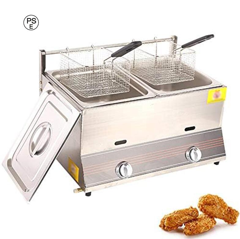 【貨物輸送無料】揚げ物器 ステンレス鋼鋼ガスフライヤー 御勤め用フライヤー 20L大静電容量 2槽式 提げ篭付き添い人 卓上フライヤー フライドポテト  ミニフライヤー