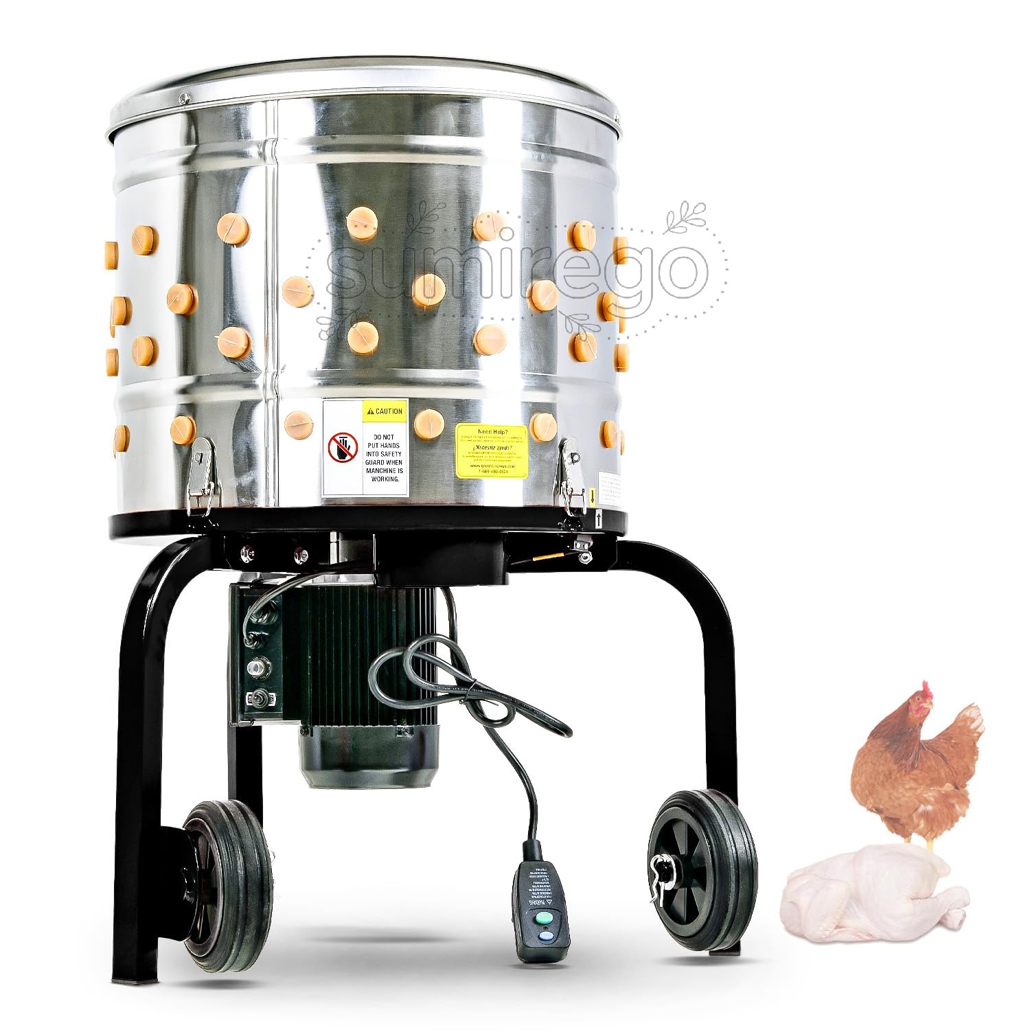キッチナー 鶏の脱羽機、羽むしり機の鶏肉やニワトリのフード プロセッサー、ステンレススチール製の頑丈な電動式、1HP 120VAC 280RPMの遊星歯車モーター GFCIのコネクター 92本の柔らかい指状の突起、ドラム直径50.8cm（20インチ）