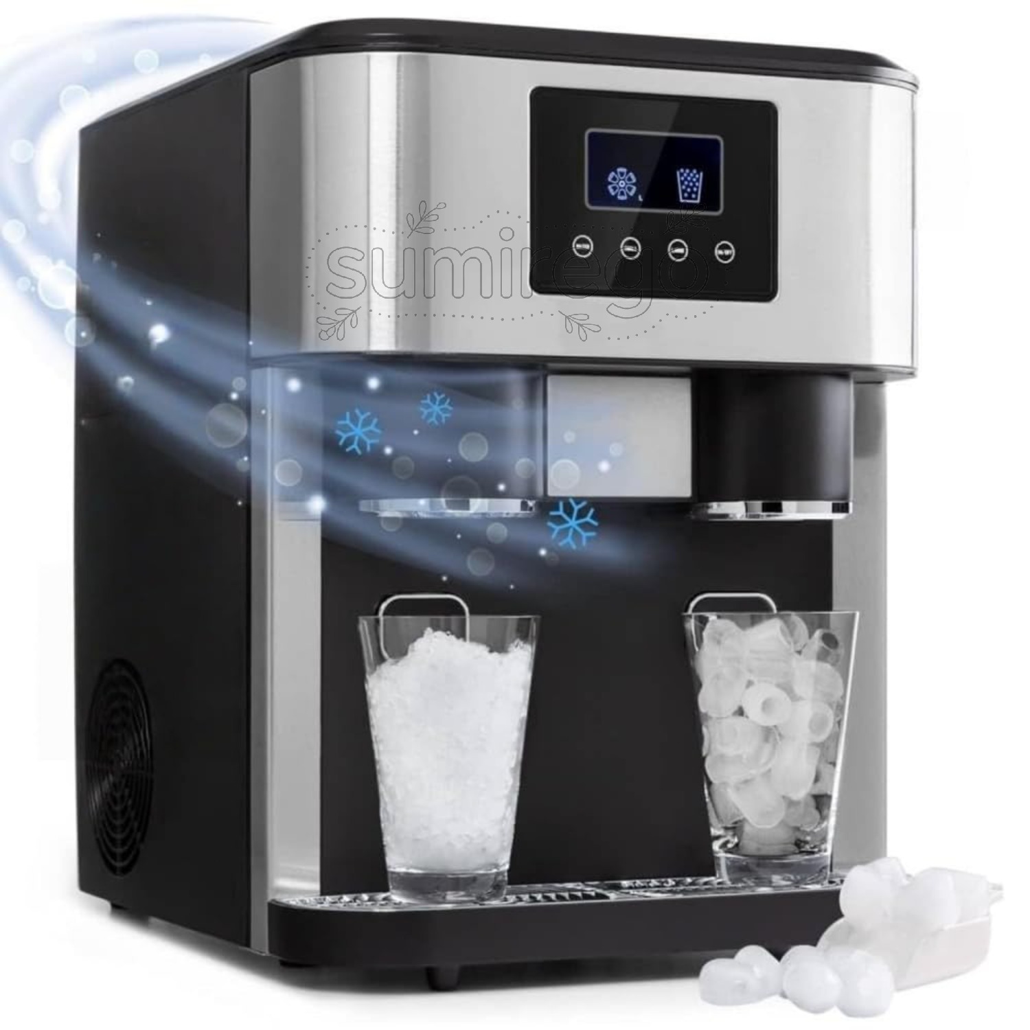 【ポイント5倍~7月限定特別キャンペーン!】卓上製氷機 業務用自動アイスメーカー 3_in_1 製氷·砕氷·冷水機能ステンレス氷作り機 タンク 簡単操作 保冷 静音省エネ設計 自動洗浄機能付き 大容量 家飲み 開店 カフェ飲食店居酒屋 多用途 (ブラック)|SUMIREGO店