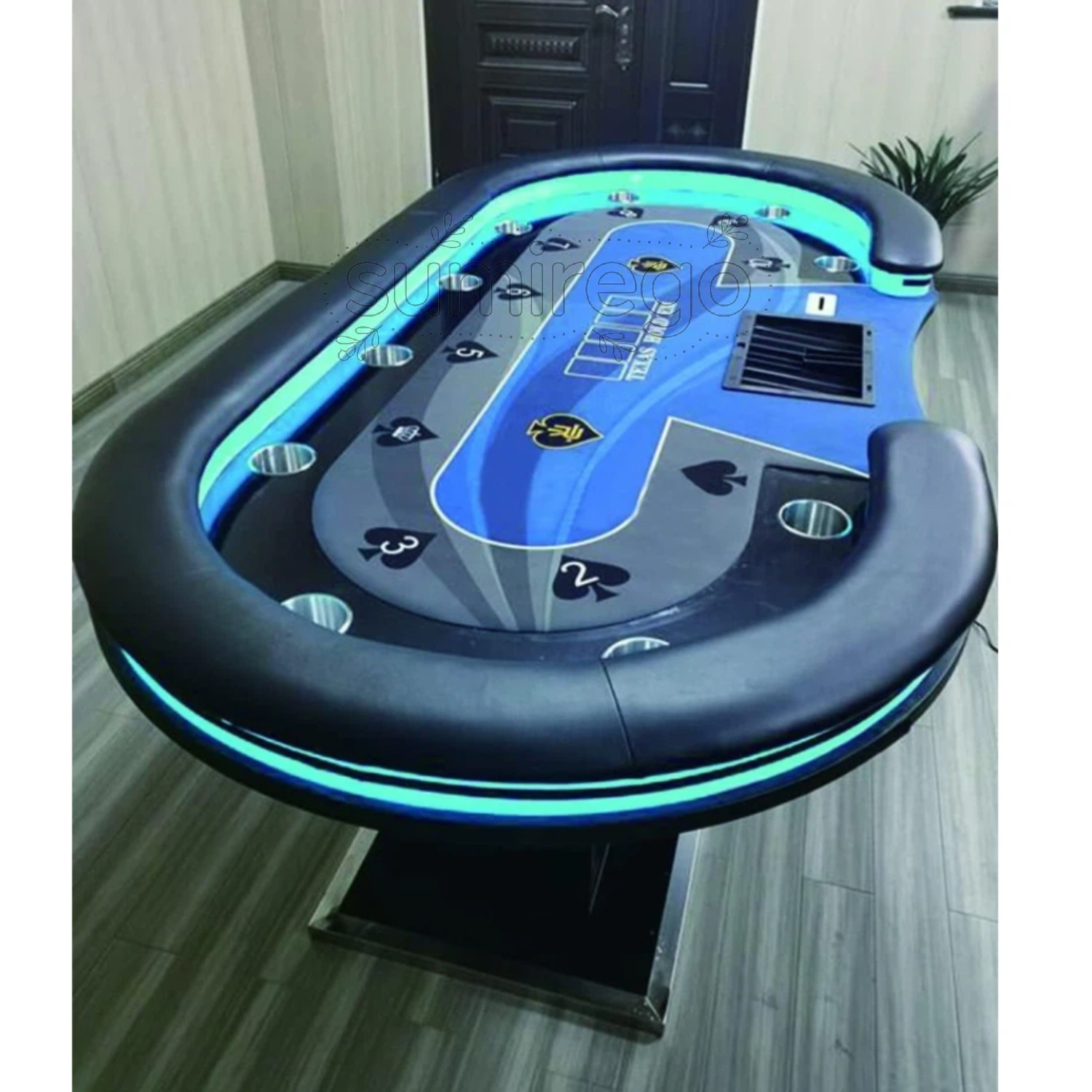 ポーカーテーブル トップ カップホルダー付き カジノ テキサスホールデム 10人 ホールデムサイコロ カジノ用品 (240*120cm)｜SUMIREGO店