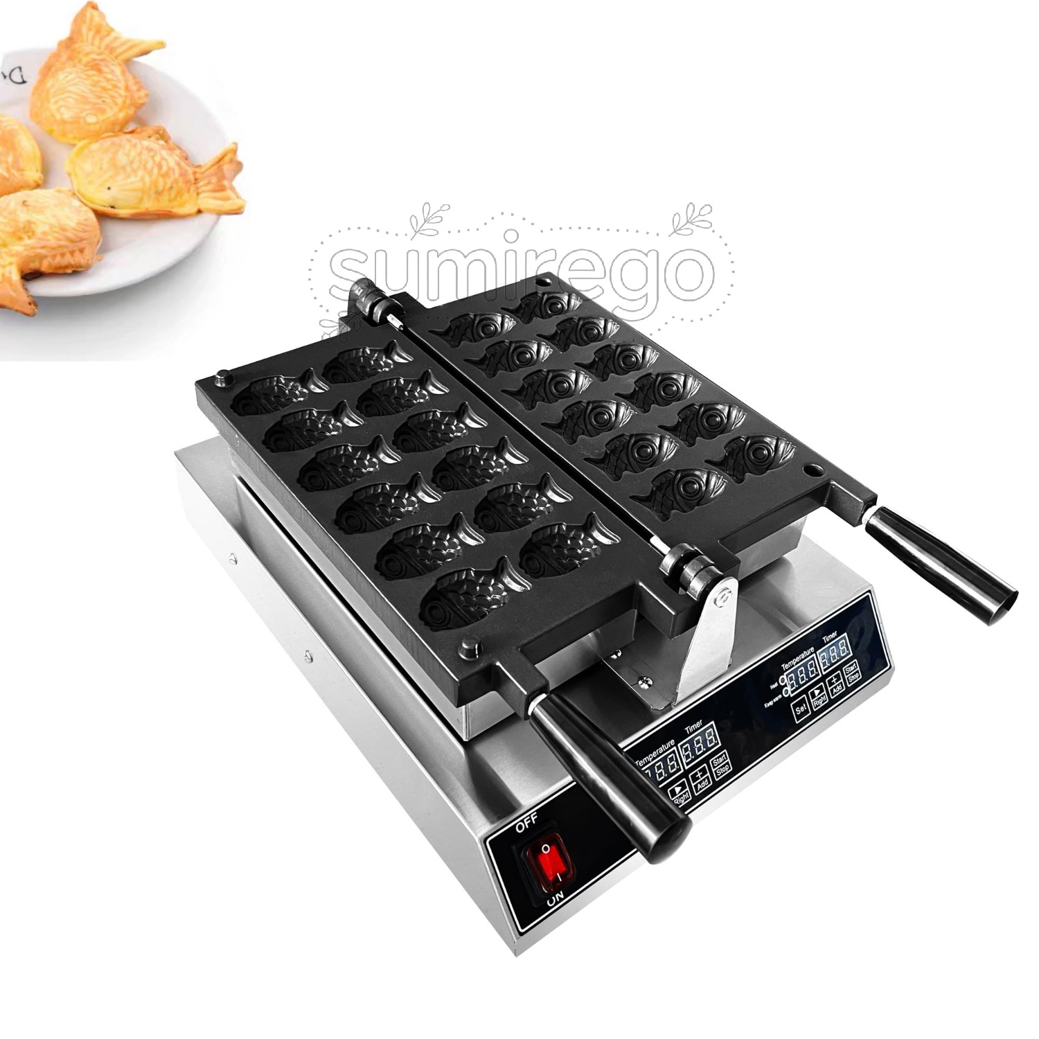 たい焼き器 鯛焼きメーカー 電気たい焼き機 時間・温度制御機能付き 電動鯛焼き機 ダブル温度制御 デジタル制御タイプ 電気加熱たい焼き焙煎機 鯛型ベーキングマシン 電気 業務用 12枚焼き重ね合わせ式｜SUMIREGO店