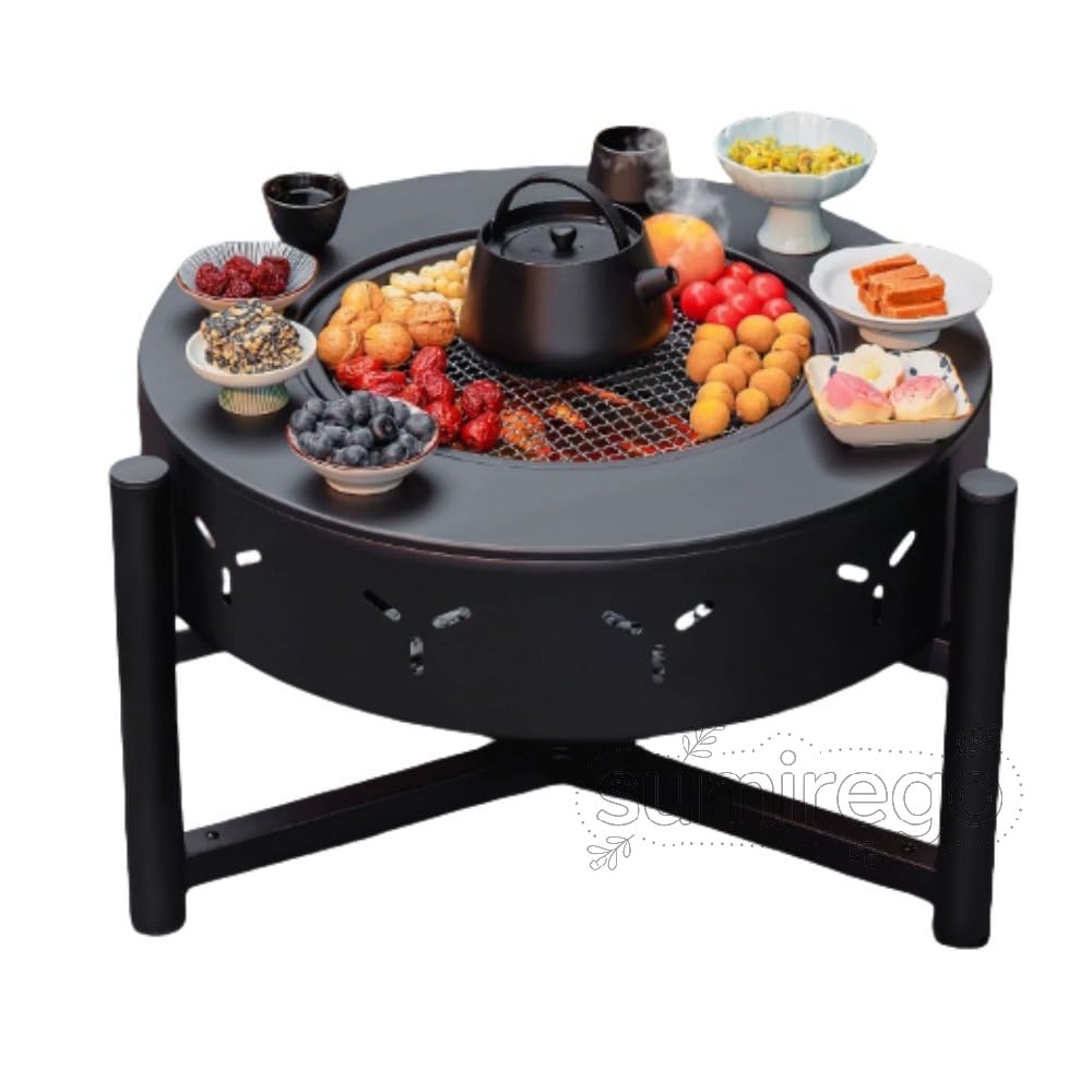ファイヤーピット テーブル バーベキュー 大人数 囲炉裏焼肉 大型 焚き火台蓋付き BBQグリル 耐熱性 5人~10人ぐらい最適1台多役 自宅 庭 家庭用 屋外 キャンプ用 (ブラック)|SUMIREGO店