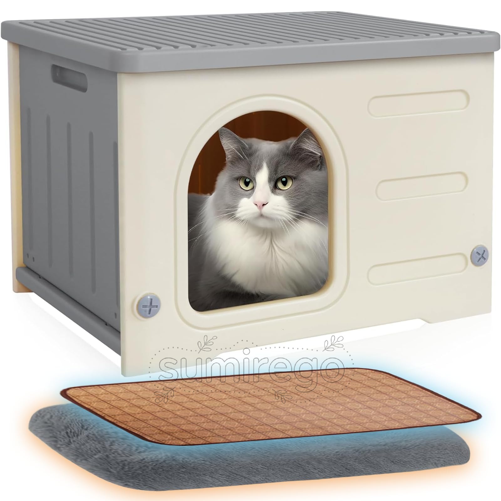 猫 ハウス ペットハウス 犬小屋 小型犬用 組み立て キャットハウス 屋外 室内 防水 防風 換気 四季通用 毛布付き 組立簡単 野良猫 避難所 猫 冬用ハウス 冷感マット付き(グレー)