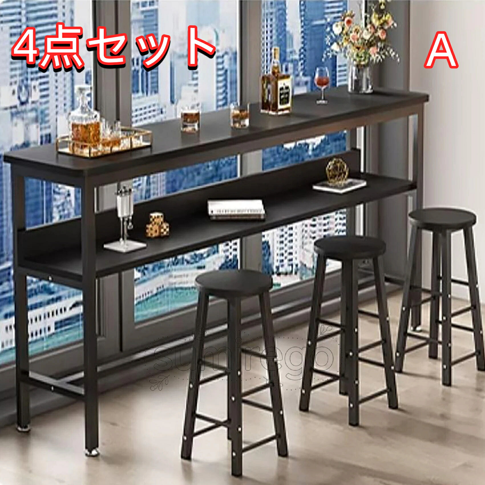 カウンターテーブルセット カウンターテーブルバーカウンター カウンターテーブル＆スツール 4点セット おしゃれ 木製 ダイニングテーブル 拡張デスクトップ落下防止バッフル 簡単な組み立て 家庭用、ミルクティーショ｜SUMIREGO店