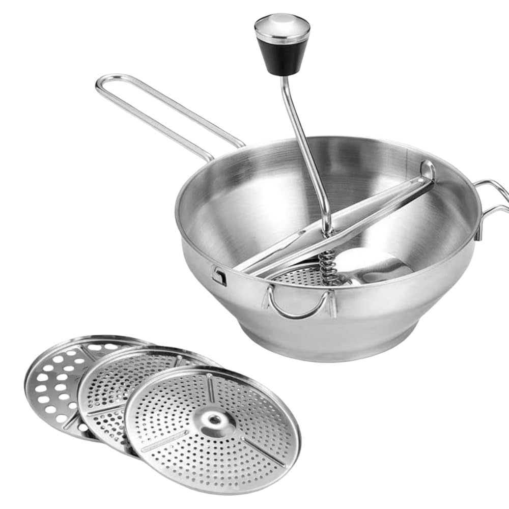 フードミル 裏ごし器 手動 うらごし器 ステンレス鋼 ムーラン裏ごし器 3種類替刃付き 安全性 清潔簡単 果物 野菜 フード ミンサー 野菜調理器 離乳食作り 家庭用 清潔なステンレススチール (ステンレスカラー)画像