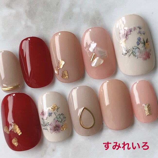 楽天市場 ネイルチップ つけ爪 デザイン かわいい ショート ロング シンプル 冬ネイル Nail プレゼント 短い爪 小さい爪 大きい爪 ベリーショート ちび爪 ピンク系 くすみネイル 付け爪 ジェルネイル 1605s レッドピンク系小花フラワーボタニカルドロップシェル B J