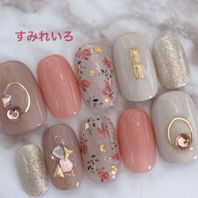 楽天市場 ネイルチップ つけ爪 デザイン かわいい ショート ロング ブライダル 春ネイル Nail プレゼント 短い爪 小さい爪 大きい爪 ベリーショート ちび爪 くすみネイル 付け爪 押し花 ジェルネイル 1636 くすみベージュボタニカル小花フラワーシルキーグレーブルー B