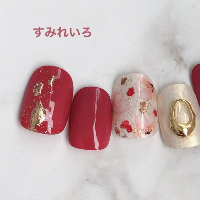ネイルチップ つけ爪 ブライダルネイル かわいい ショート ロング デザイン 夏ネイル Nail プレゼント 短い爪 小さい爪 大きい爪 ベリーショート ちび爪 大人ネイル 付け爪 オフィスネイル シンプル赤アイボリーふんわりフラワー着物和装成人式 超美品の