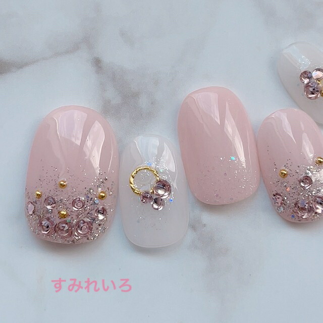 ネイルチップ つけ爪 ブライダルネイル ショート ロング デザイン 夏ネイル Nail 成人式 短い爪 小さい爪 大きい爪 ベリーショート ちび爪 大人 ネイル 付け爪 オーダーネイル お花ヌードピンク煌めきストーン 新作揃え