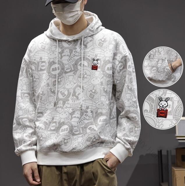 メンズパーカー 総柄フーディー うさぎモチーフ刺繍入り ビッグシルエット 長袖 綿混素材 裏起毛なし 春秋対応 韓国系ストリートファッション 大きいサイズ M-4XL 男女兼用｜サマー店