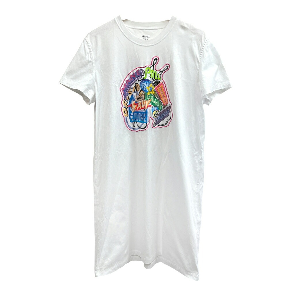 【中古】HERMES エルメス 半袖 ワンピース ROBE DROITE CHEVALOSCOPE サイズ42 綿100% 白 ホワイト Tシャツワンピース コットン レディース 【ブランドギャラリー東心斎橋店】