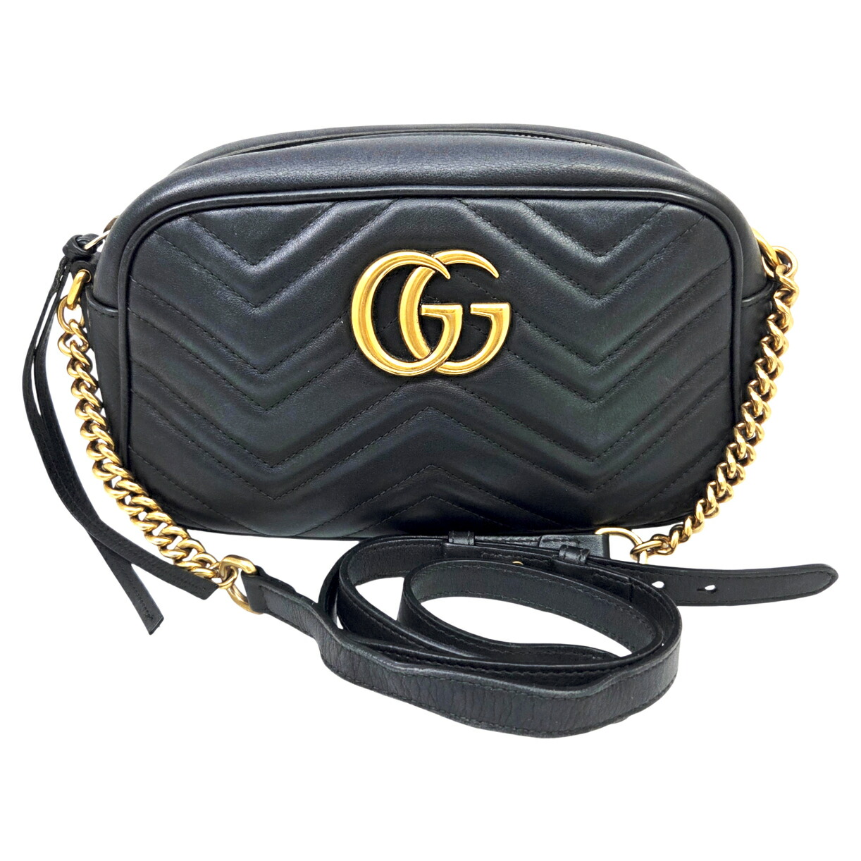 【中古】GUCCI グッチ GGマーモント キルティング スモール ショルダーバッグ レザー ブラック ゴールド金具 447632 レディース メンズ 斜め掛け 人気 お洒落 【ブランドギャラリー東心斎橋店】