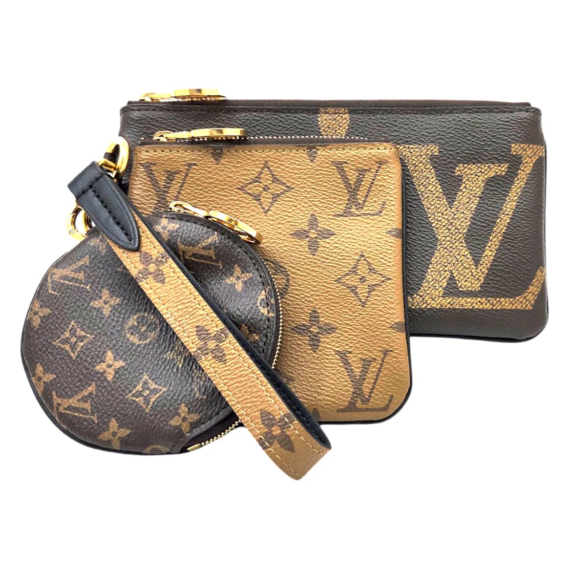 【中古】LOUIS VUITTON ルイヴィトン モノグラム 巨大な生物 逆さま ポシェット 3重協奏曲 M68756 TJ4179 2019年 ミニ合切袋 3点 書き割り ゴールド金具 LVロゴタイプ 赤銅色 茶 レディース メンズ ユニ一発やる【ブランド名美術館東心斎橋店】