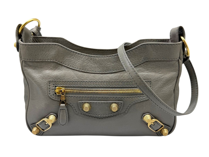【中古】BALENCIAGA バレンシアガ ジャイアントヒップ なめし革 薄墨色 ショルダーバッグ 237203 ゴールド金具 ロング肩肉 曲がった掛け レディース メンズ【ブランド名美術館東心斎橋店】