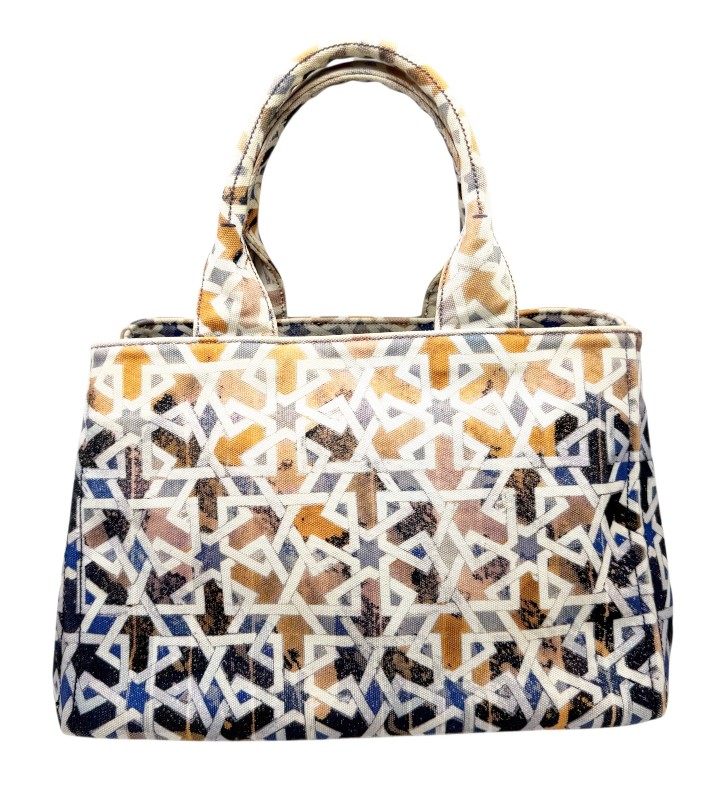 【中古】PRADA プラダ カナパ ミディアム キャンバス オレンジ ブルー 希少 デザイン 三角ロゴ ハンドバッグ トートバッグ 星形 格子柄 カジュアル メンズ レディース ユニセックス お洒落【ブランドギャラリー東心斎橋店】｜BRANDGALLERY 店 44,880円
