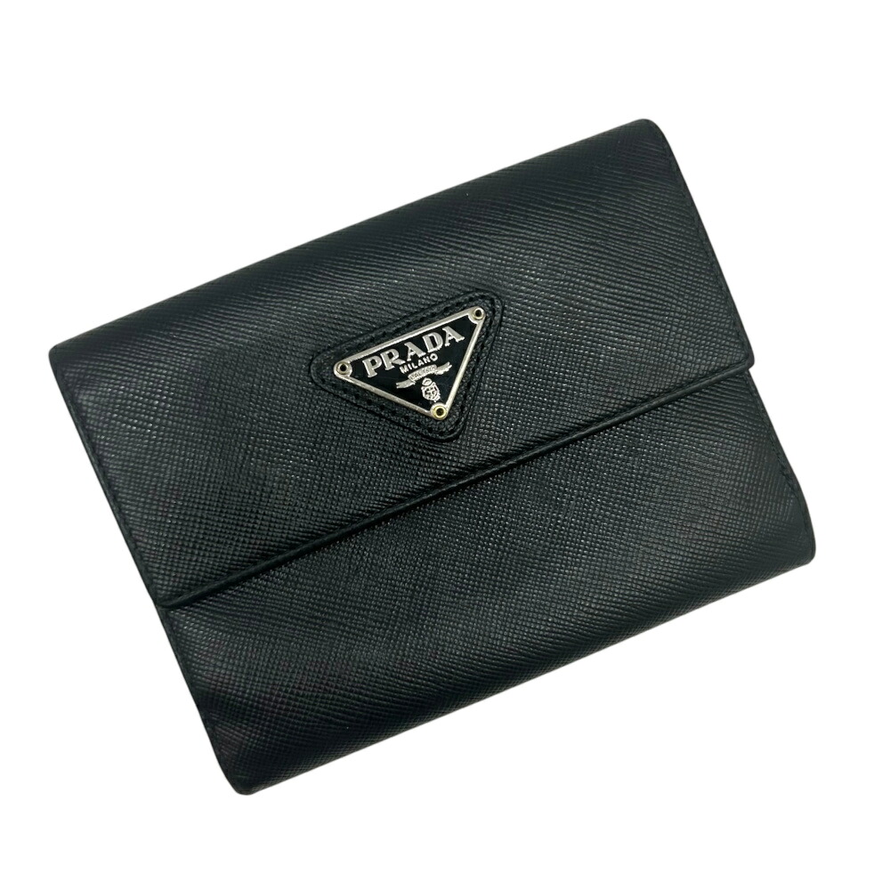 【中古】PRADA プラダ ウォレット 2つ折財布 レザー ブラック 三角ロゴ プレート 財布 コイン カード ケース コンパクト 黒 ネロ レディース メンズ ユニセックス 定番 【ブランドギャラリー東心斎橋店】｜BRANDGALLERY 店