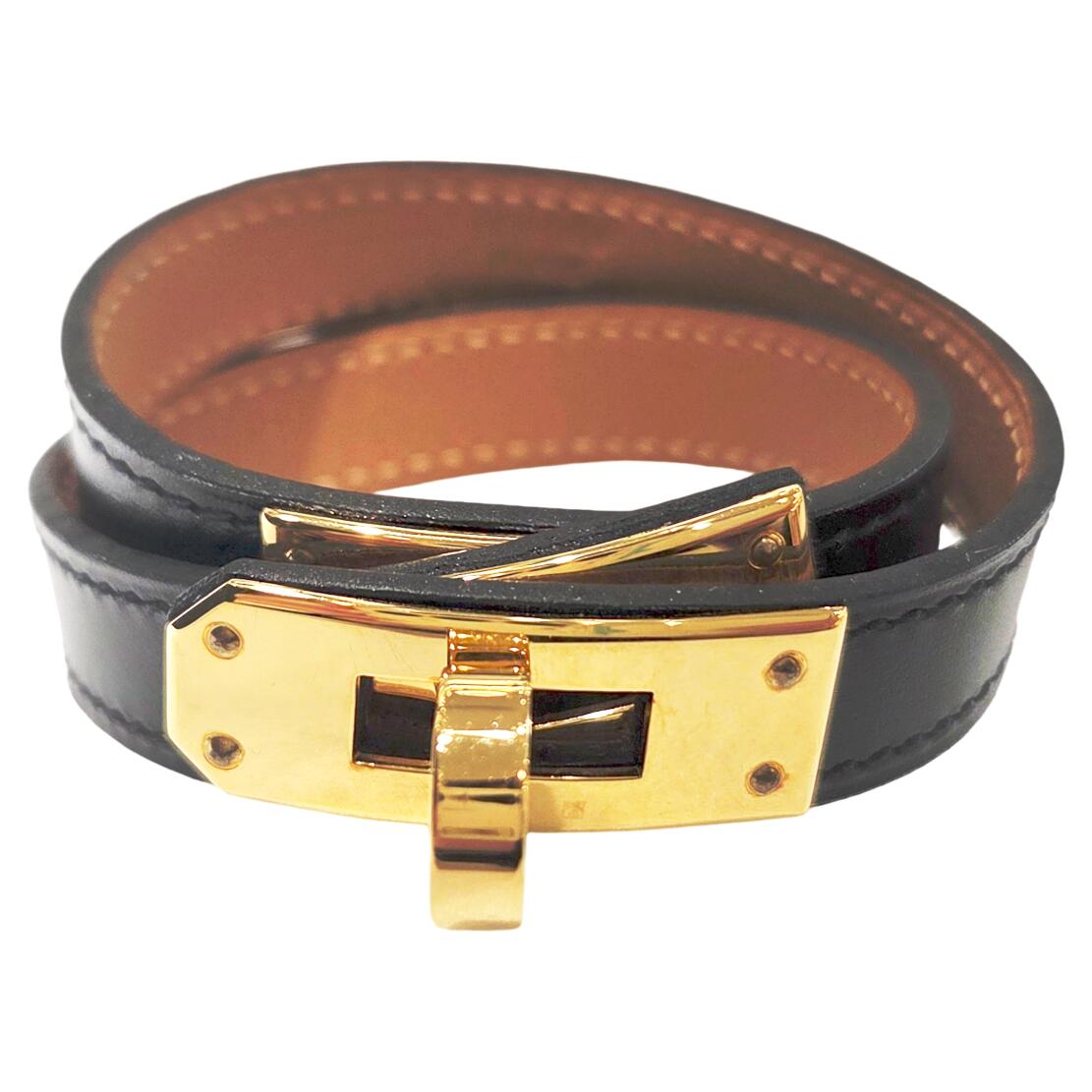 【中古】HERMES エルメス ケリー 腕輪 ドゥブルトゥース ブレス なめし革 黒いこと ゴールド金具 D目じるし 2019年製 黒 レディース メンズ ユニ一発やる【ブランド名美術館東心斎橋店】