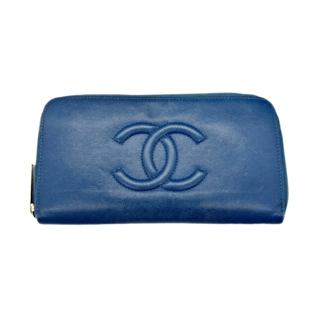【中古】CHANEL シャネル キャビア人はだ 長紙入れ ラウンドジッパー 青 青み レディース メンズ 24番台【ブランド名美術館千林店】