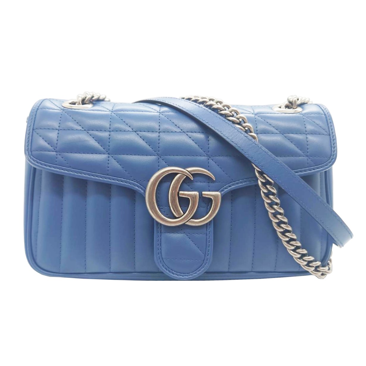 【中古】GUCCI グッチ チェーン店ショルダーバッグ 曲がった掛け 壱肩部掛け GGマーモント 青色 なめし革 S金具 443497 レディース 【ブランド名美術館千林店】