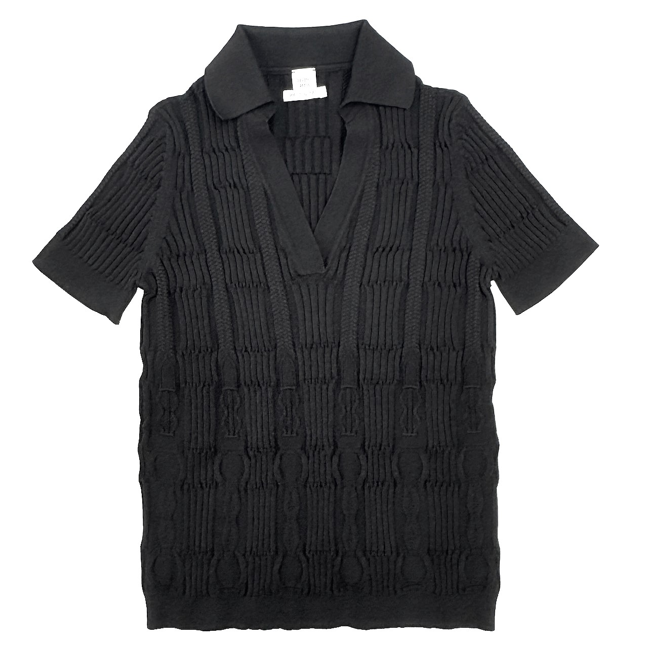 【新品】HERMES エルメス ショートスリーブニット コーチング柄 トップス サイズ34 （XS）シルク コットン ニット半袖シャツ ブラック レディース 【ブランドギャラリー心斎橋店】