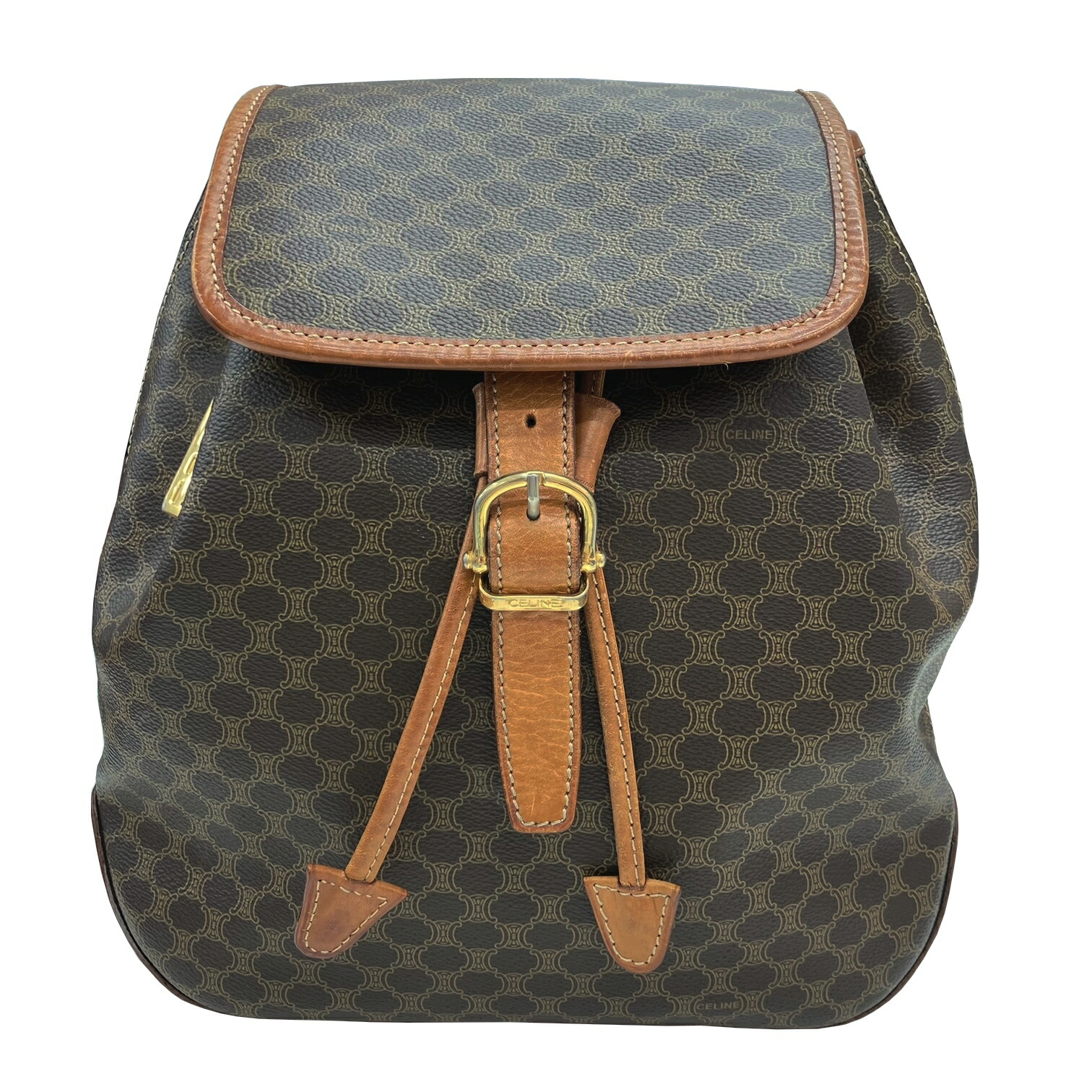 【美品】セリーヌ　リュック　PVC レザー　マカダム　巾着　ゴールド金具　総柄 美品】セリーヌ リュック PVC レザー マカダム 巾着 ゴールド