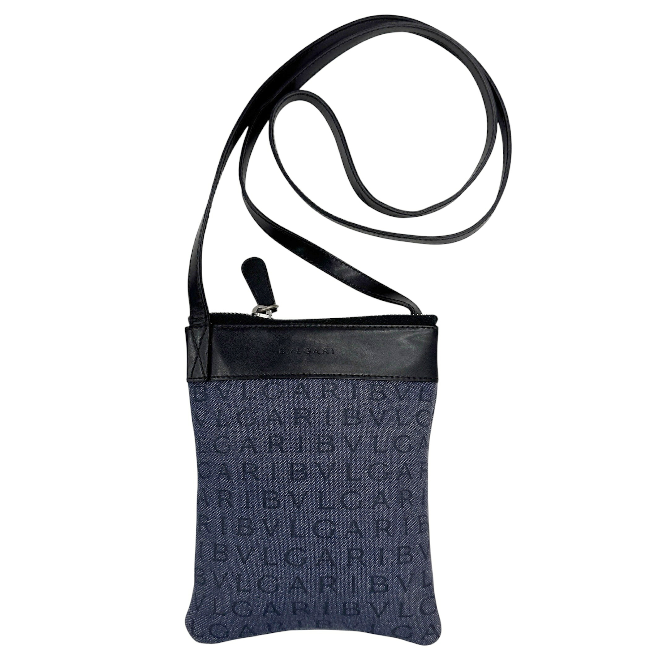 【中古】BVLGARI ブルガリ ロゴマニア ポシェット ポーチ ショルダーバッグ キャンバス レザー ブルー系 レディース お洒落 カジュアル 肩掛け 【ブランドギャラリー心斎橋店】