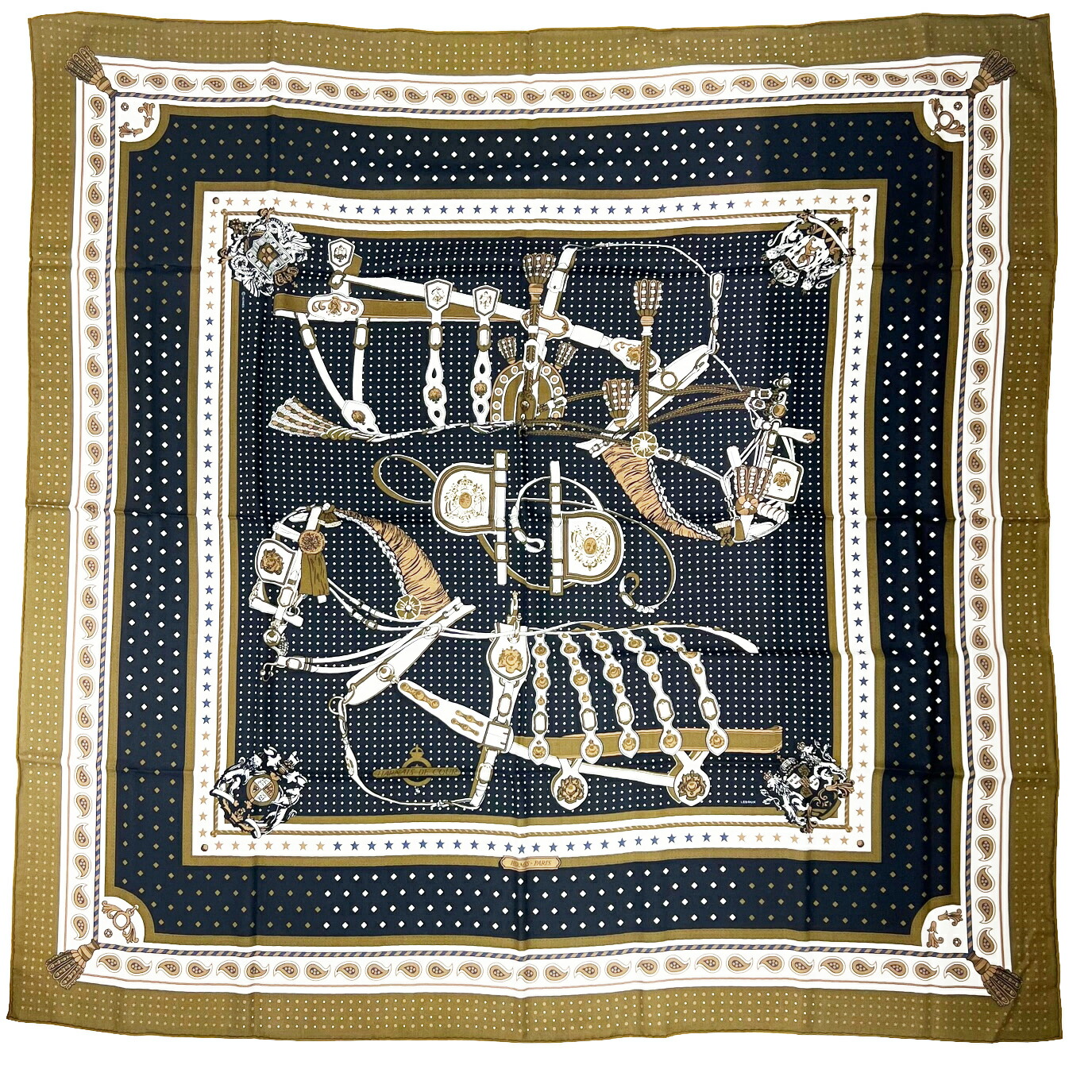 【中古】HERMES エルメス カレ140 公方のハーネス バンダナ Harnais de Cour Bandana カシミール 地絹 2022年秋冬寄せあわせ レディース メンズ ブロンズ ノワール ブラン【ブランド名美術館心斎橋店】
