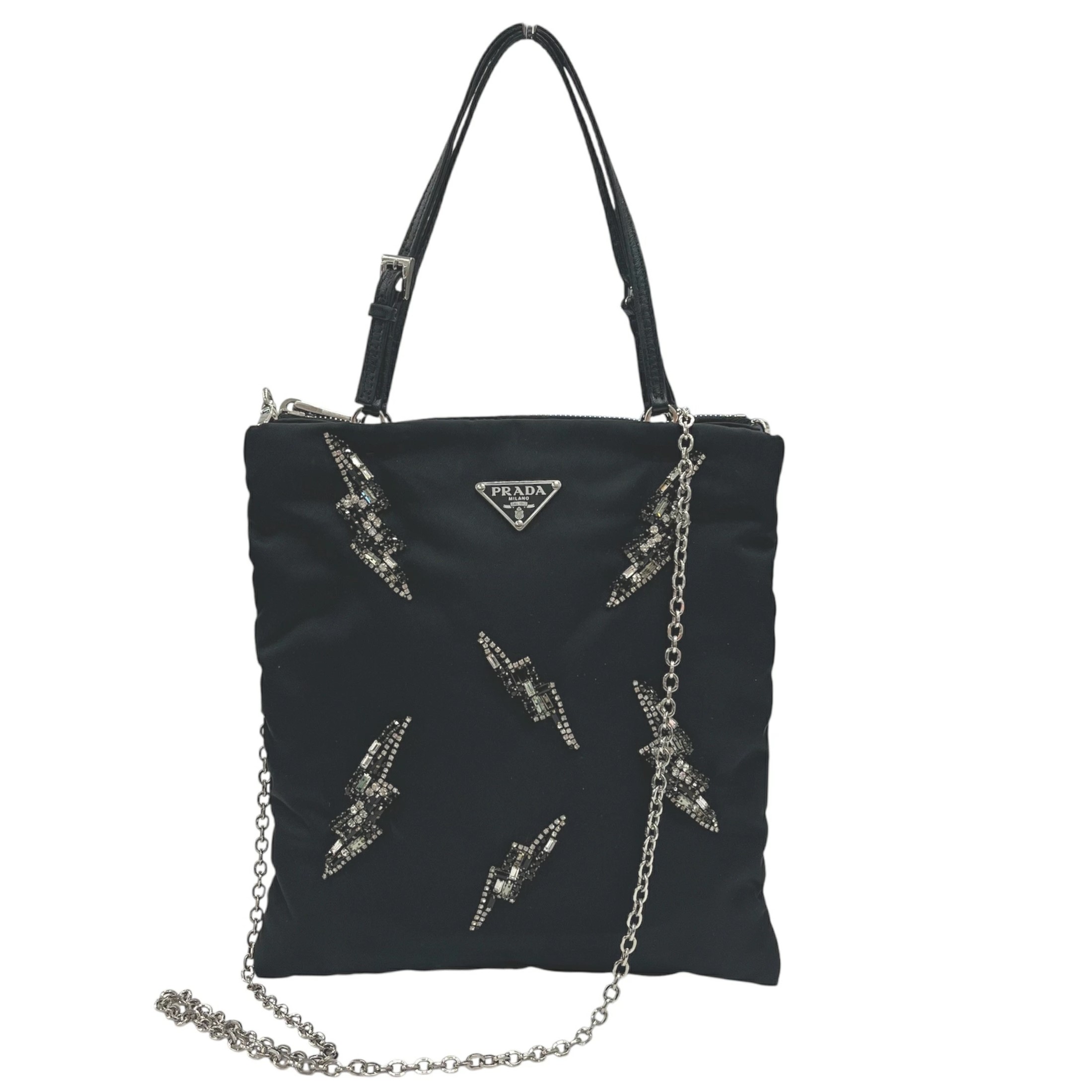 【中古】PRADA プラダ ナイロン御徒面子 ビジュー 2way御徒面子 ハンドバック ショルダーバッグ 黒いこと 黒 三角形ロゴタイプ しろがね色金具 レディース 着飾る 心地好い デイリー 【ブランド名美術館心斎橋店】