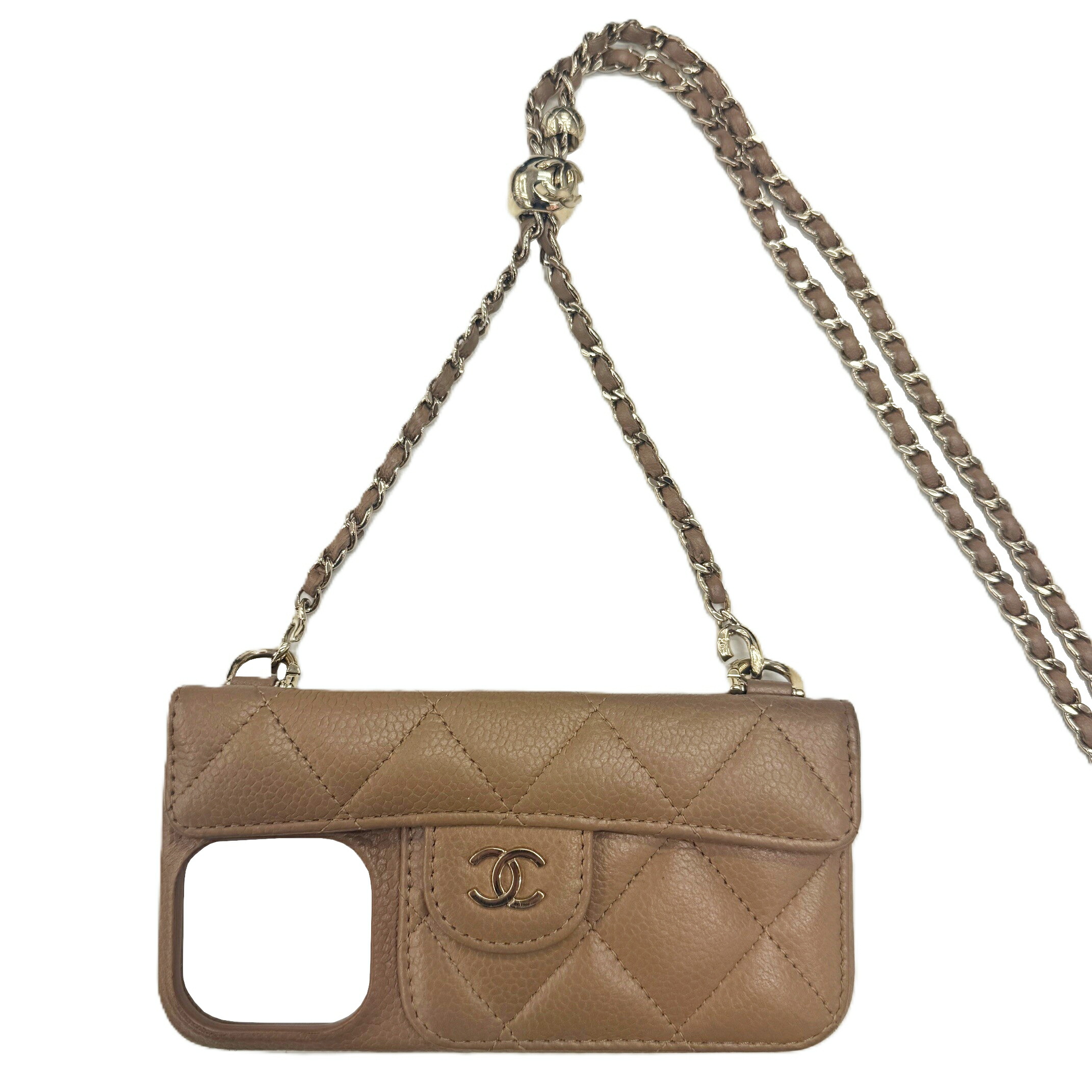 【中古】CHANEL シャネル AP3553 マトラッセ スマホケース 14Pro ベージュ キャビアひと肌 レディース スマホカバー ゴールド金具 レディース 御洒落 一般受け 肩かけ【ブランド名美術館心斎橋店】