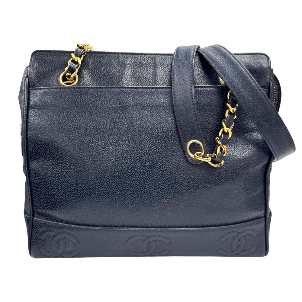 【中古】CHANEL シャネル チェーントート トリプルココマーク キャビアスキン ネイビー 4番台 ゴールド金具 お洒落 人気 お出かけ 鞄 かばん レディース 【ブランドギャラリー心斎橋店】