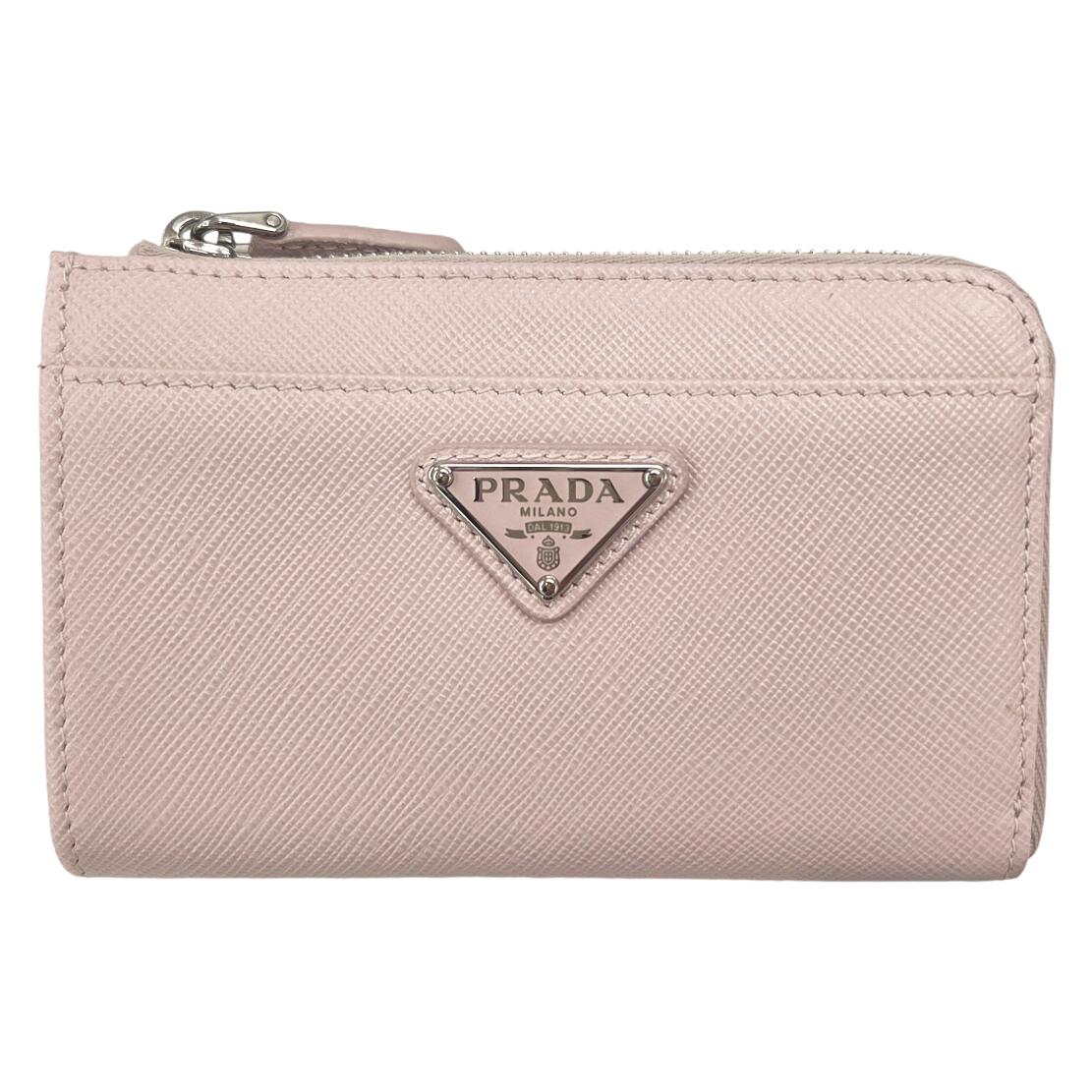 【中古】PRADA プラダ コインケース 手当たり容れもの サフィアーノ ３角形 点火装置さくら色 1PP122 なめし革 しろがね色金具 レディース 小物 好いたらしい デイリー 差し上げ物 美品【ブランド名美術館心斎橋店】