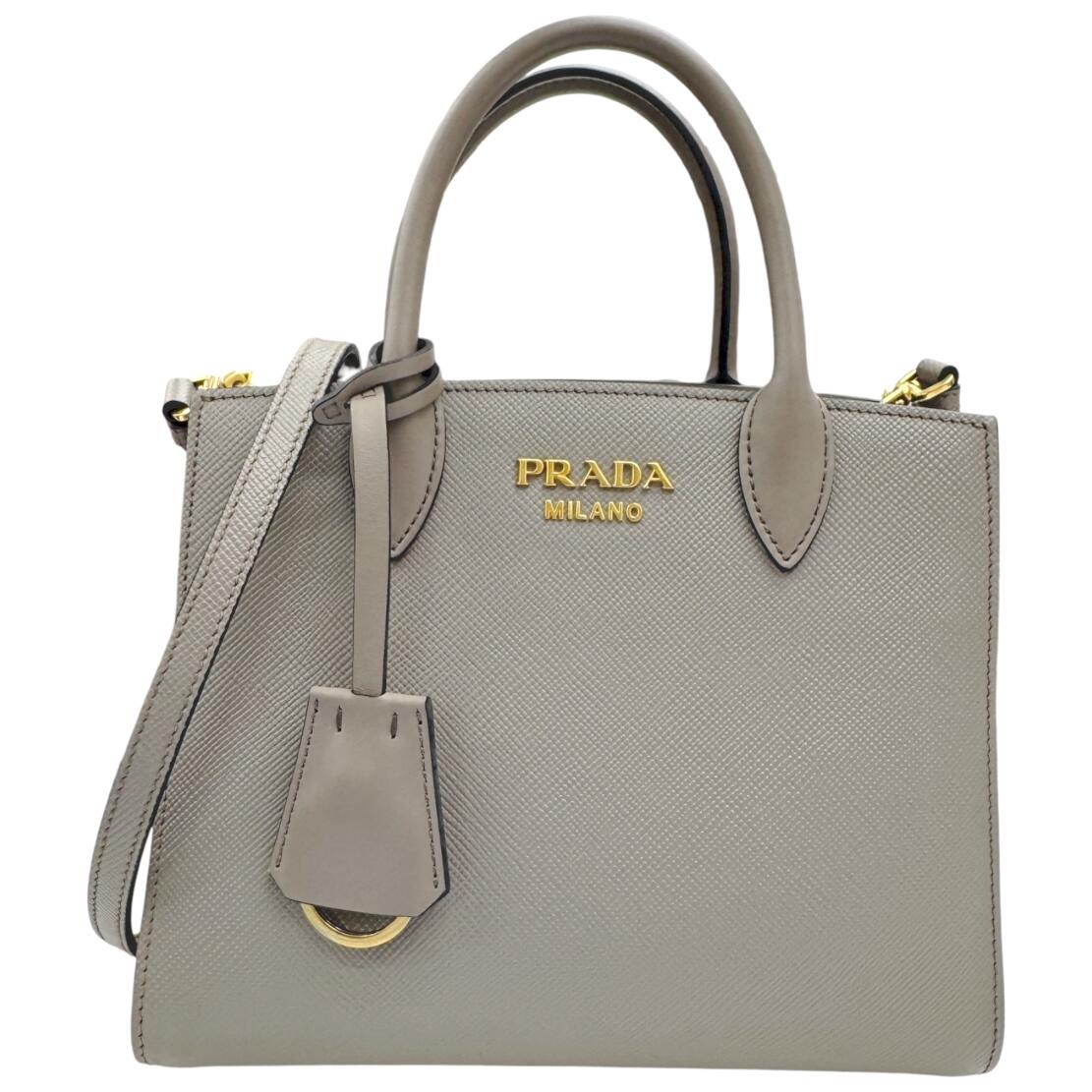 【中古】PRADA プラダ サフィアーノ なめし革  2way御徒面子 ハンドバック ショルダーバッグ 肩かけ ゴールド金具 グレージュ 1BA284 レディース 着飾る 通い 通学【ブランド名美術館心斎橋店】