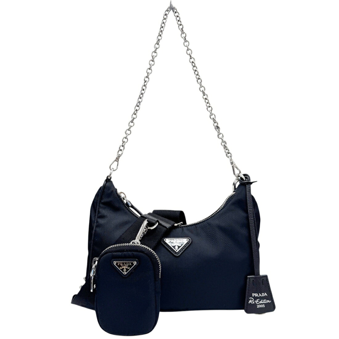 【中古】PRADA プラダ Re Edition 2005 Re Nylon バッグ ナイロン ブラック 1BH204 黒 ショルダーバッグ ハンドバッグ ミニポーチ付き 三角プレート エンブロイダリードリル チェーンショルダーバッグ レディース メンズ【ブランドギャラリー心斎橋店】｜BRANDGALLERY 店
