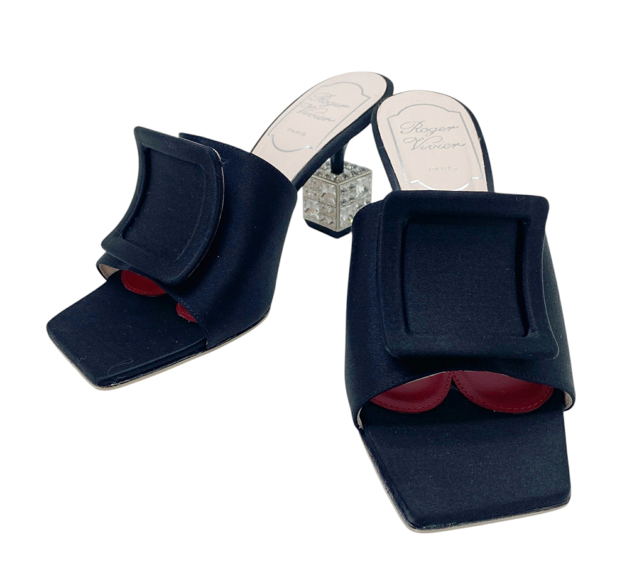 【新品負けず劣らず】Rogervivier ロジェヴィヴィエ ミュール サンダル 繻子 黒いこと 赤いこと 34 約22珊 黒 赤 ビジュー キラキラ 伝達ルート石ころ レディース 一般受け 御洒落 美品【ブランド名美術館東心斎橋店】