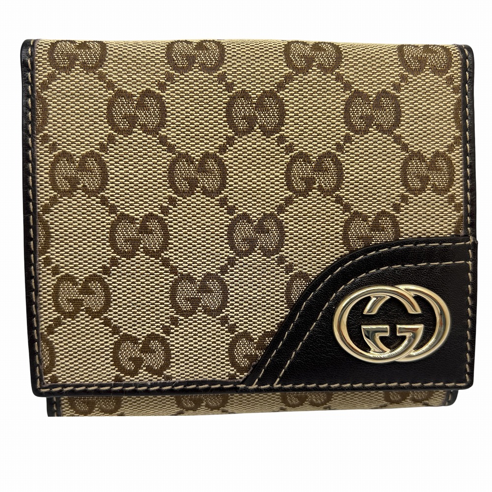 【中古】GUCCI グッチ Wホック 財布 ウォレット ベージュ 181594 キャンバス レザー ブラウン 茶色 ロゴ GG 男性 女性 メンズ レディース カードケース 小銭入れ インターロッキングG【ブランドギャラリー東心斎橋店】｜BRANDGALLERY 店