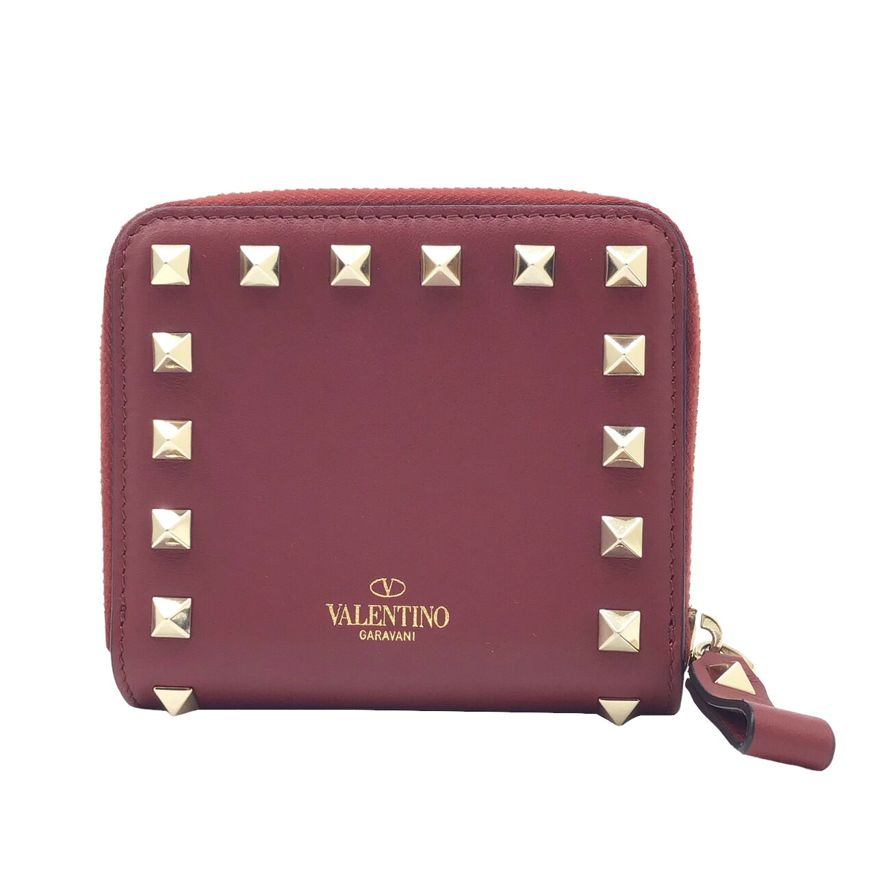【新品負けず劣らず】ヴァレンティノ VALENTINO 二つ折り紙入れ ロックスタッズ コンパクトウォレット なめし革 赤 赤いこと QW2P0649  ミニ紙入れ ゴールド 金具レディース 【箱】定番 一般受け 美品【ブランド名美術館東心斎橋店】