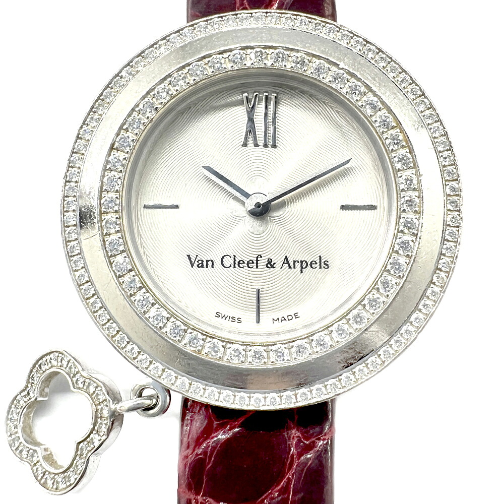 【中古】Van cleef & arpels ヴァンクリーフ＆アーペル チャーム ミニウォッチ ダイヤモンド K18WG シルバー文字盤 HH36687 腕時計 時計　レディース 女性用 革 【ブランドギャラリー東心斎橋店】