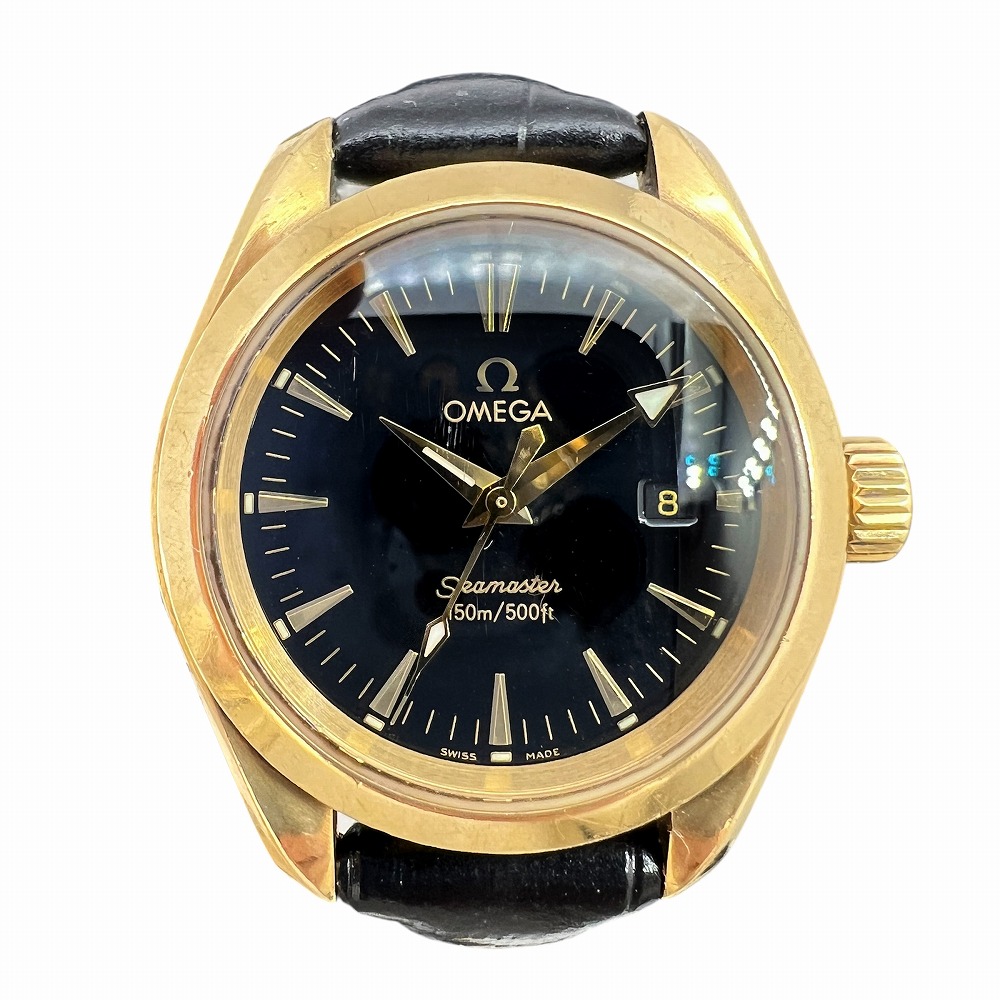 【中古】OMEGA ゼロ シーマスター アクアテラ 150m K18YG 黒文字盤 2677.50.32 石英 18金 黄色ゴールド 革胴締め 社外胴締め 御覧なさる ウォッチ 石英 レディース メンズ 【ブランド名美術館東心斎橋店】