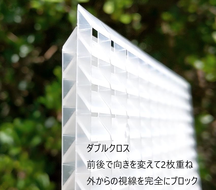 ダブルクロス:片側を裏返して重ねても使えます。通風性能は多少落ちますが、完全にプライバシーが守れます。