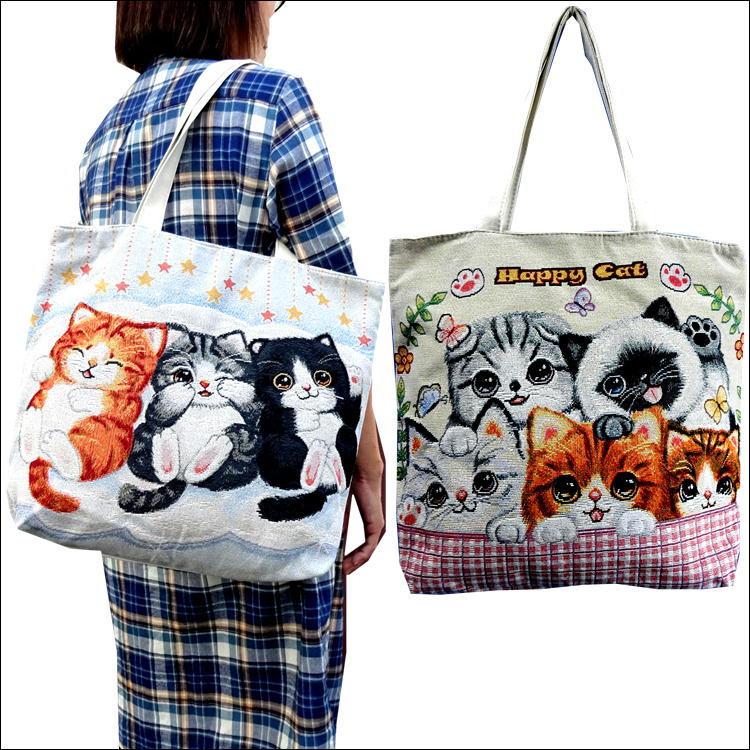 楽天市場 ねこ ニャンコ トートバッグ マザーバッグ 大きめトート 肩掛けトート レジバッグ かわいいバッグ キャラクター 刺繍風 サンロード楽天市場店