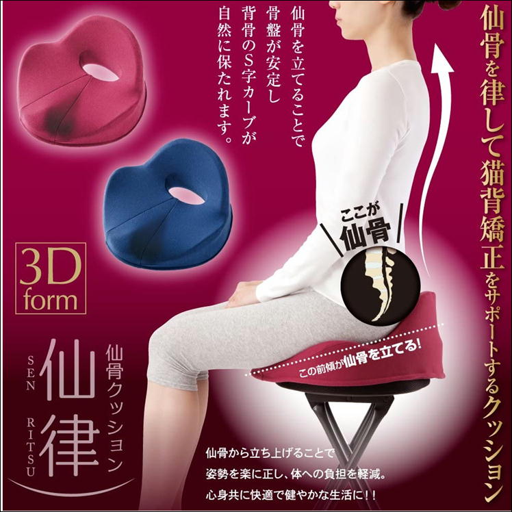 腰痛 猫背 姿勢 骨盤 背すじ 矯正 補正 クッション 座布団 痛み ゆがみ 改善 対策 グッズ 器具 オフィス デスクワーク 椅子 リビング 床置き 腰 ねこぜ 背筋 仙骨 背骨 歪み 補整 サポート 負担 軽減 便利 アイテム