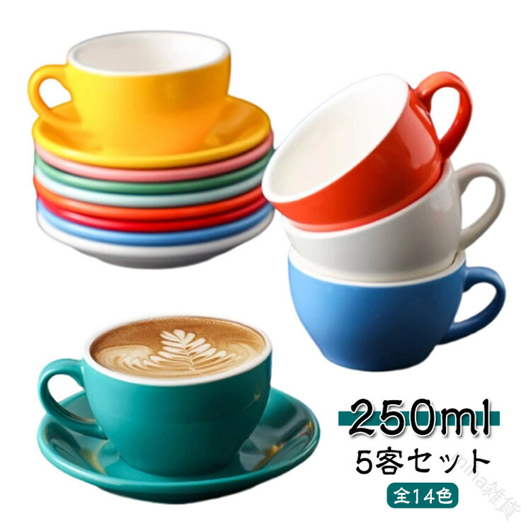 カップ ソーサー付き 5客セット 北欧風 陶器製 マグカップ 250ml コーヒーカップ 来客用 カフェ リビング用